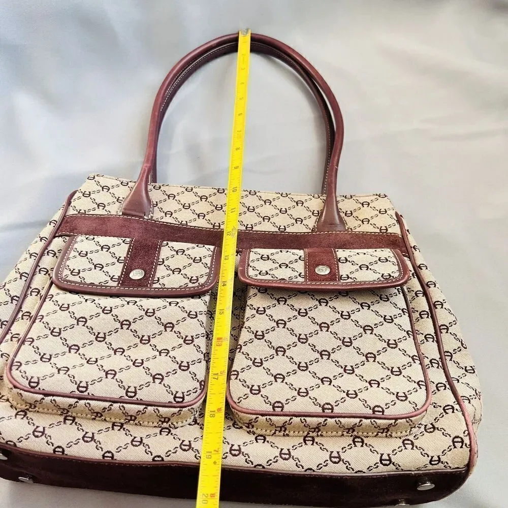 Vintage Etienne Aigner Logo Cotton Leather Travel Tote Bag Double Pocket Satchel